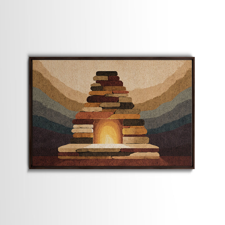 Rustic Stone Fireplace Wall Art, Mountain Lodge Midcentury Canvas Print, Warm Cabin Decor For Living Room Or Office Gallery