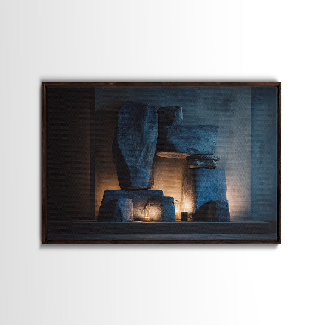 Blue Megalith Stone Sculpture Wall Art, Dramatic Modern Framed Canvas Print, Moody Minimalist Decor For Home Office Or Den