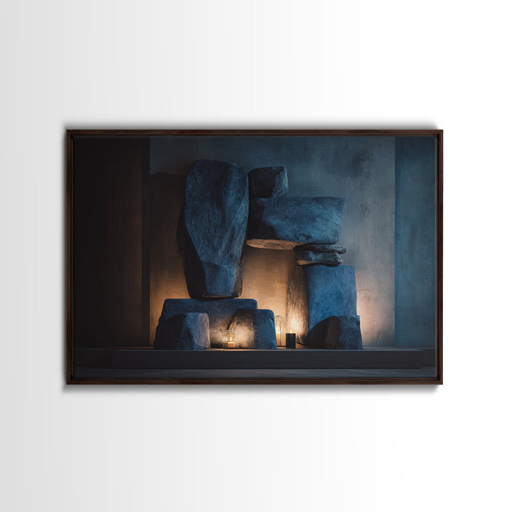 Blue Megalith Stone Sculpture Wall Art, Dramatic Modern Framed Canvas Print, Moody Minimalist Decor For Home Office Or Den