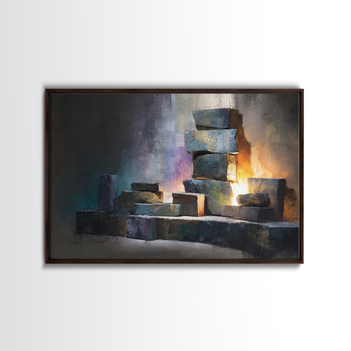 Stacked Stone Blocks Wall Art, Glowing Abstract Sculpture Canvas Print, Modern Contemporary Decor For Living Room Office