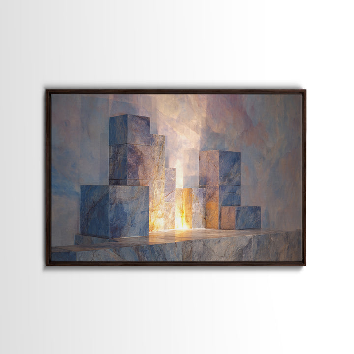 Pastel Marble Block City Wall Art, Luminous Geometric Framed Canvas Print, Modern Abstract Decor For Living Room Office Gallery