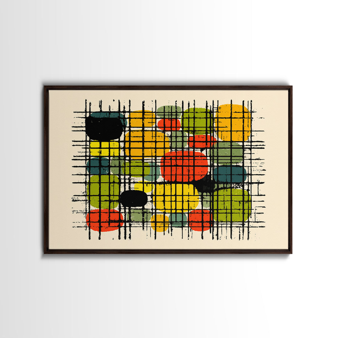 Colorful Grid Abstract Painting, Midcentury Modern Wall Art, Geometric Shapes Poster, Retro MCM Home Decor Canvas Print Gift