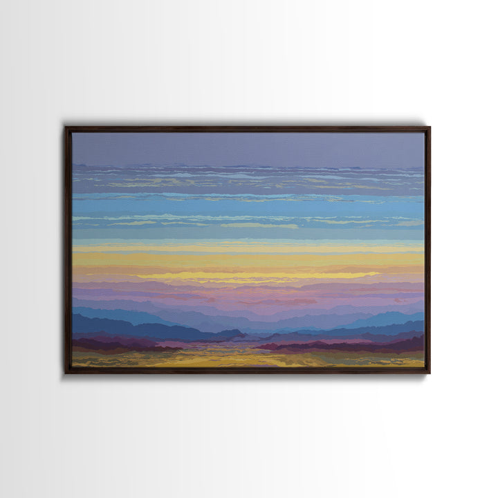 Pastel Mountain Sunset Landscape, Modern Wall Art, Scenic Nature Art Print, Serene Living Room Decor Framed Canvas Print