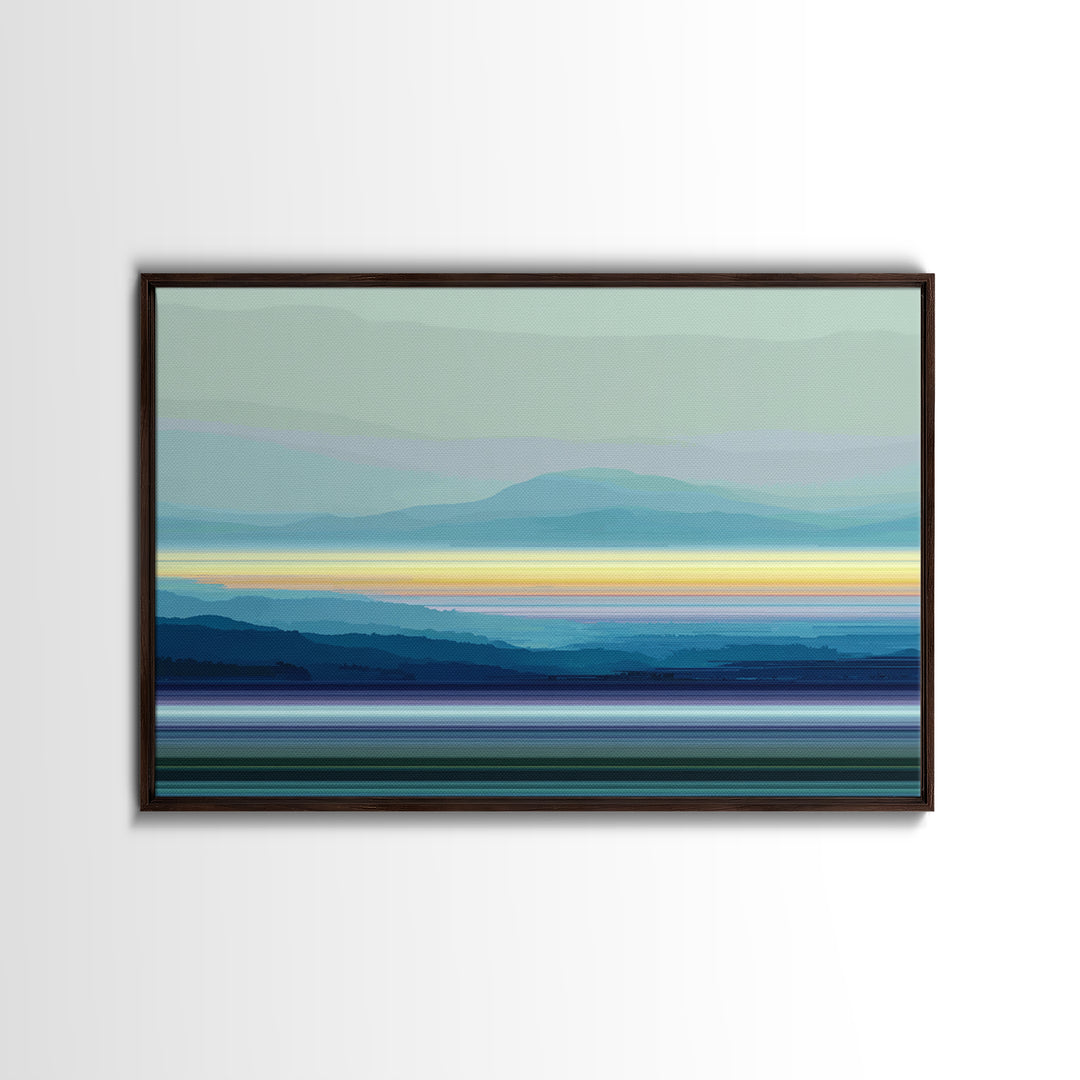 Misty Blue Mountain Lake Horizon, Modern Wall Art, Serene Landscape Art Print, Calm Bedroom Decor Framed Canvas Print Gift