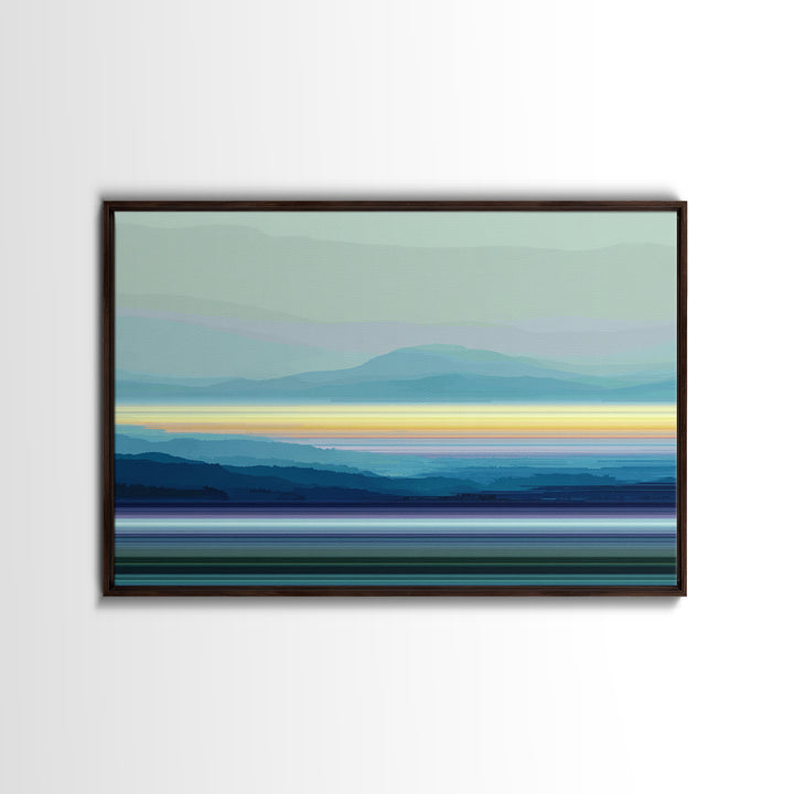 Misty Blue Mountain Lake Horizon, Modern Wall Art, Serene Landscape Art Print, Calm Bedroom Decor Framed Canvas Print Gift