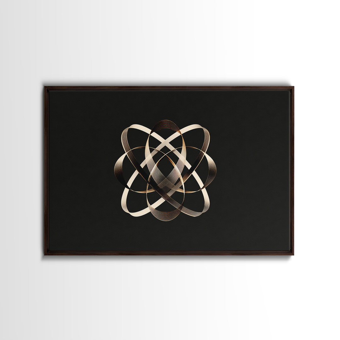 Gold Metallic Atomic Orbit On Black, Modern Wall Art, Geometric Abstract Poster, Luxe Contemporary Decor Canvas Print Gift