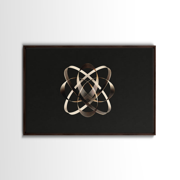 Gold Metallic Atomic Orbit On Black, Modern Wall Art, Geometric Abstract Poster, Luxe Contemporary Decor Canvas Print Gift