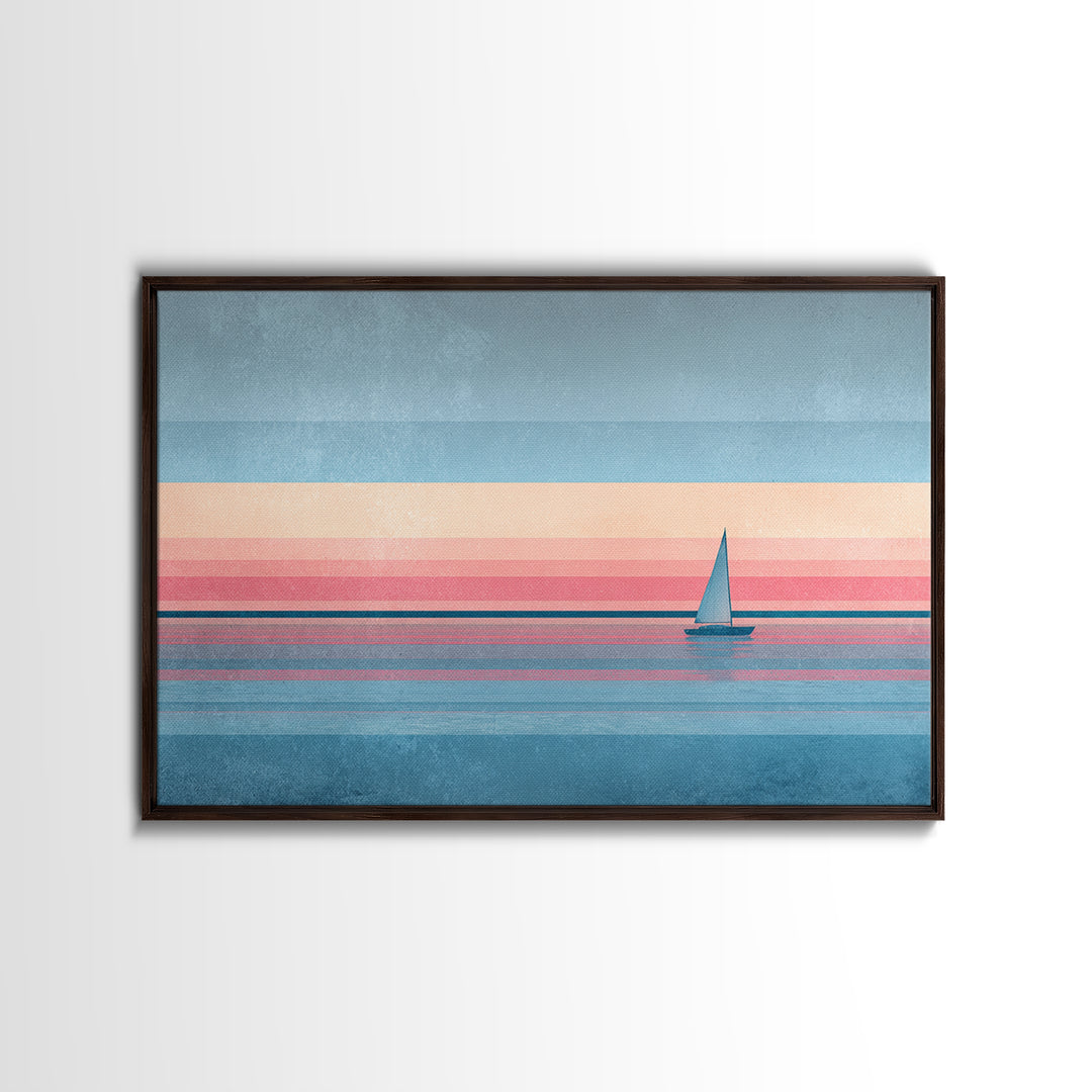 Pastel Sailboat Horizon Canvas Print, Coastal Wall Art, Minimalist Seascape, Retro Modern Decor For Beach House, Living Room Art