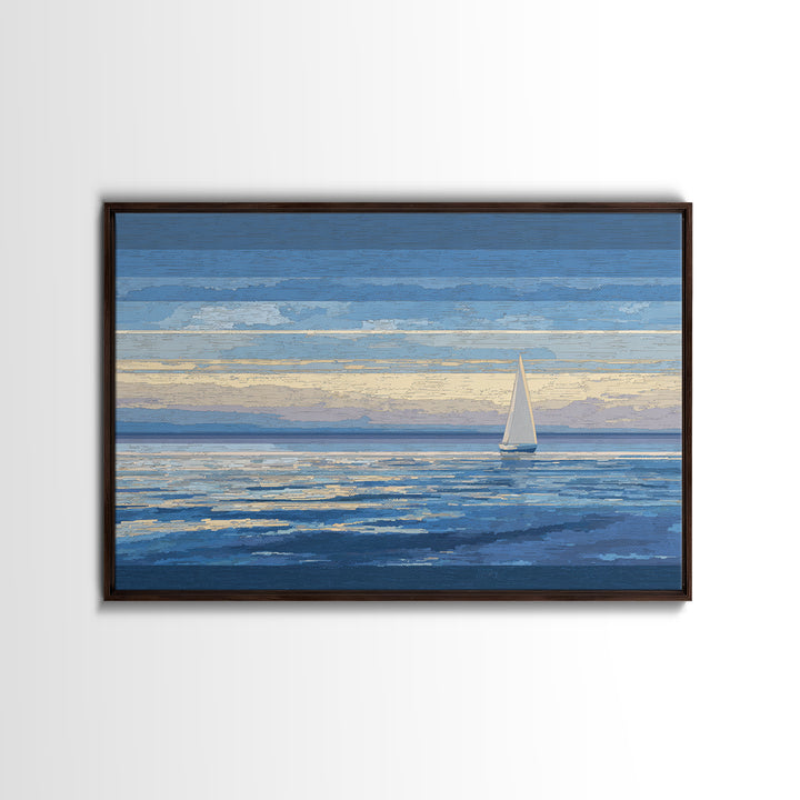 Blue Sailboat Seascape Framed Canvas Print, Coastal Wall Art, Ocean Landscape, Modern Home Decor For Living Room, Blue Wall Art
