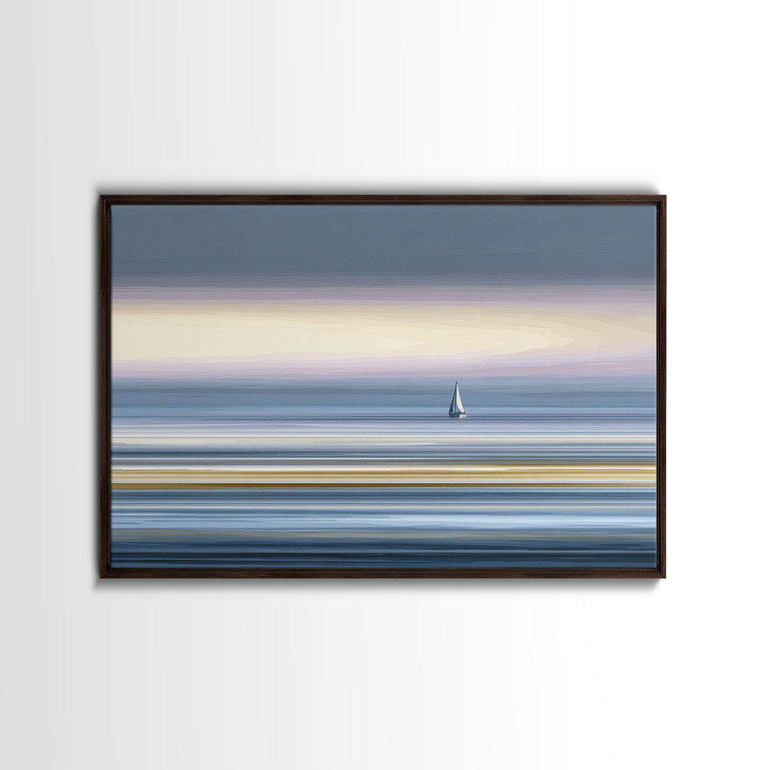 Minimal Sailboat At Dusk Canvas Print, Serene Coastal Wall Art, Pastel Ocean Horizon, Modern Bedroom Decor, Large Print Gift