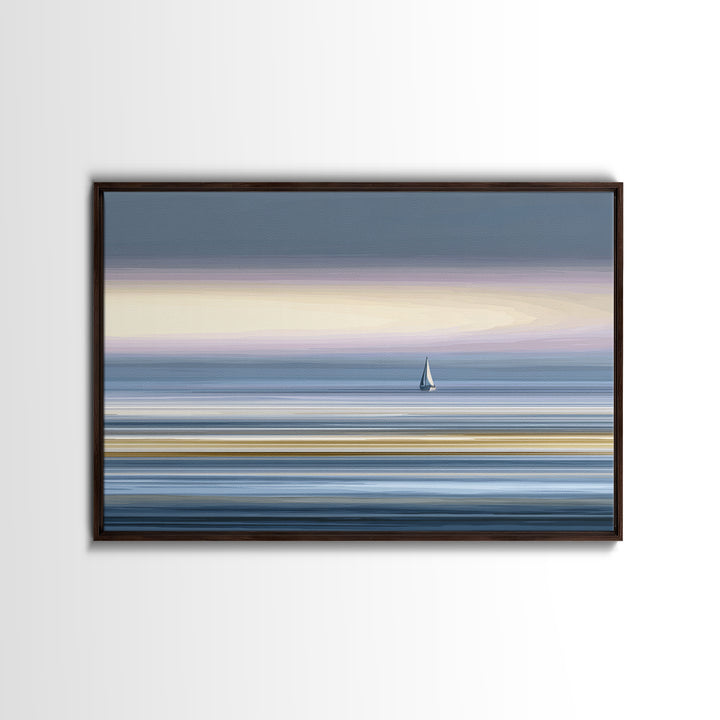 Minimal Sailboat At Dusk Canvas Print, Serene Coastal Wall Art, Pastel Ocean Horizon, Modern Bedroom Decor, Large Print Gift