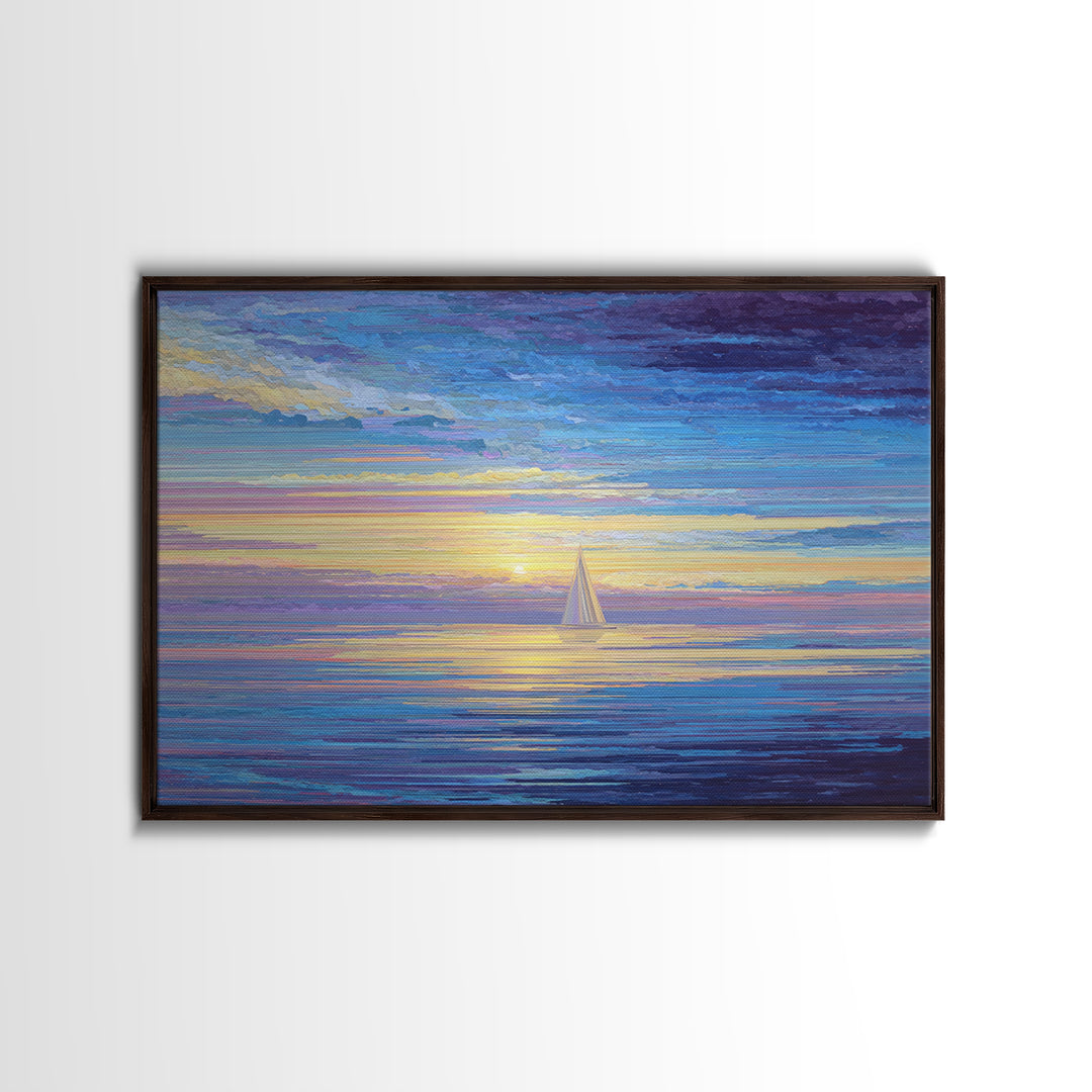 Sunset Sailboat Ocean Framed Canvas Print, Colorful Seascape Wall Art, Coastal Modern Decor, Blue Purple Living Room Art