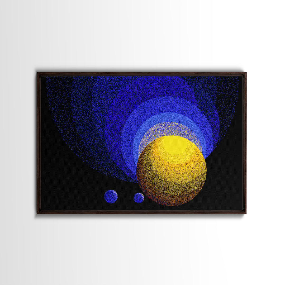 Blue Yellow Planet Spheres Wall Art, Cosmic Abstract Canvas Print, Modern Digital Art, Space Decor For Office Or Game Room