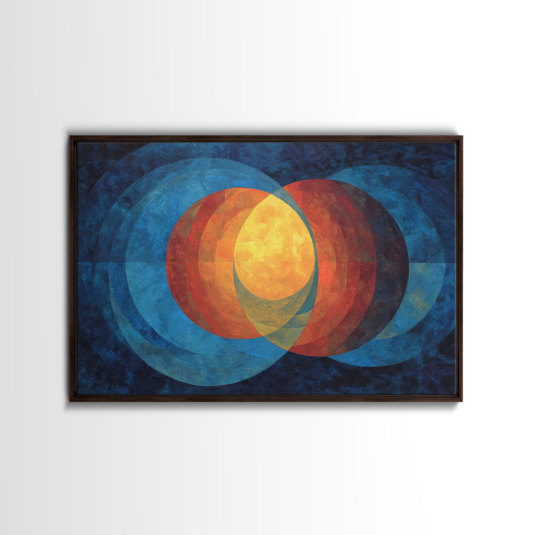 Blue Orange Overlapping Circles Wall Art, Midcentury Abstract Canvas Print, Modern Geometric Decor, Large Living Room Art