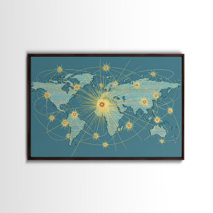 Retro World Map With Golden Network Lines Wall Art, Midcentury Modern Travel Poster, Atomic Office Decor For Global Home