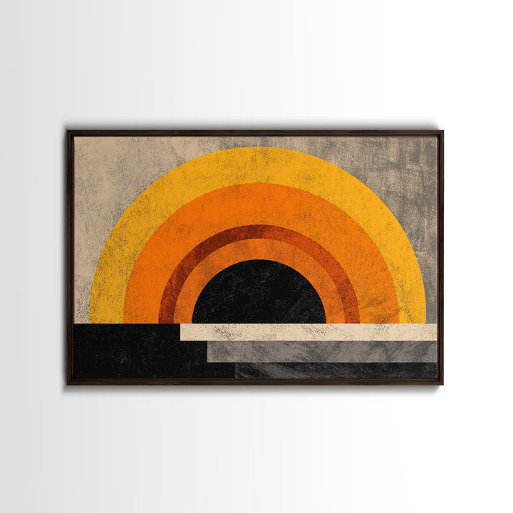 Orange Sun Rainbow Horizon Framed Canvas Print, Midcentury Sun Wall Art, Retro 70s Poster, Warm Modern Boho Living Room Home Decor