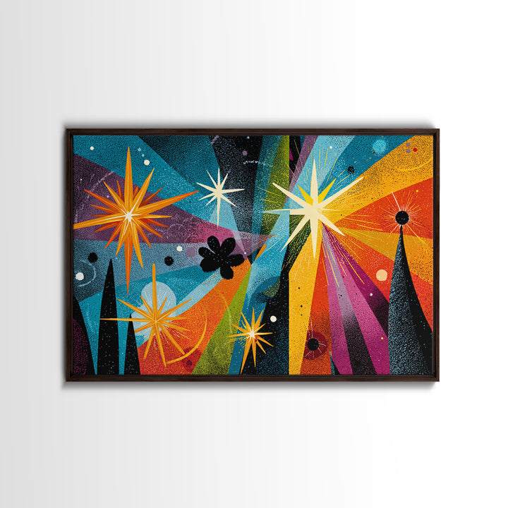 Colorful Atomic Starburst Night Wall Art, Midcentury Modern Art Print, Retro Space Abstract, Funky MCM Living Room Wall Decor