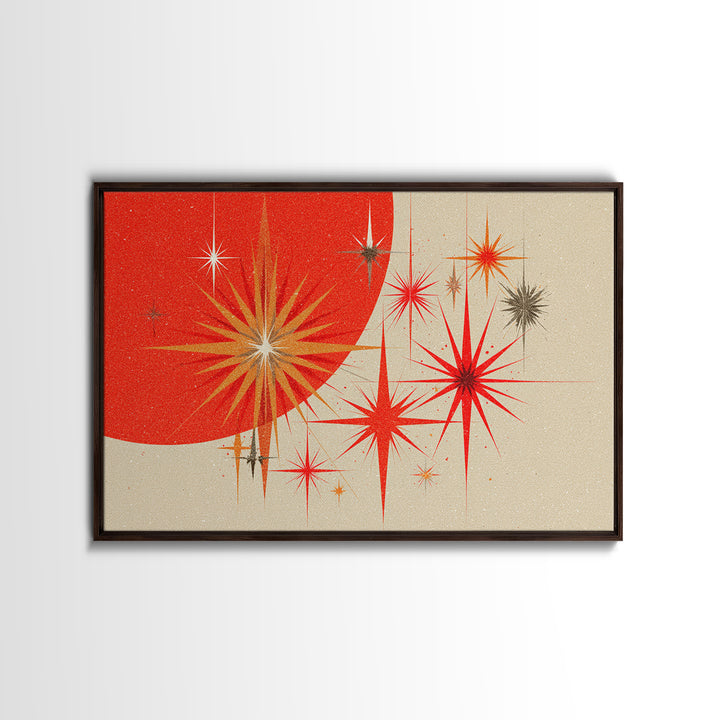 Red Orange Starbursts And Circle Wall Art, Midcentury Modern Abstract Art Print, Atomic Retro Poster, Minimal Home Decor