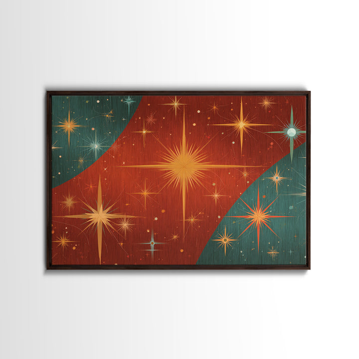 Red Teal Atomic Starburst Wall Art, Midcentury Modern Art Print, Retro Space Abstract, Warm MCM Living Room Statement Home Decor