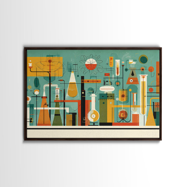 Retro Chemistry Lab With Beakers Wall Art, Midcentury Modern Science Print, Atomic Decor, Teal Orange Laboratory Artwork
