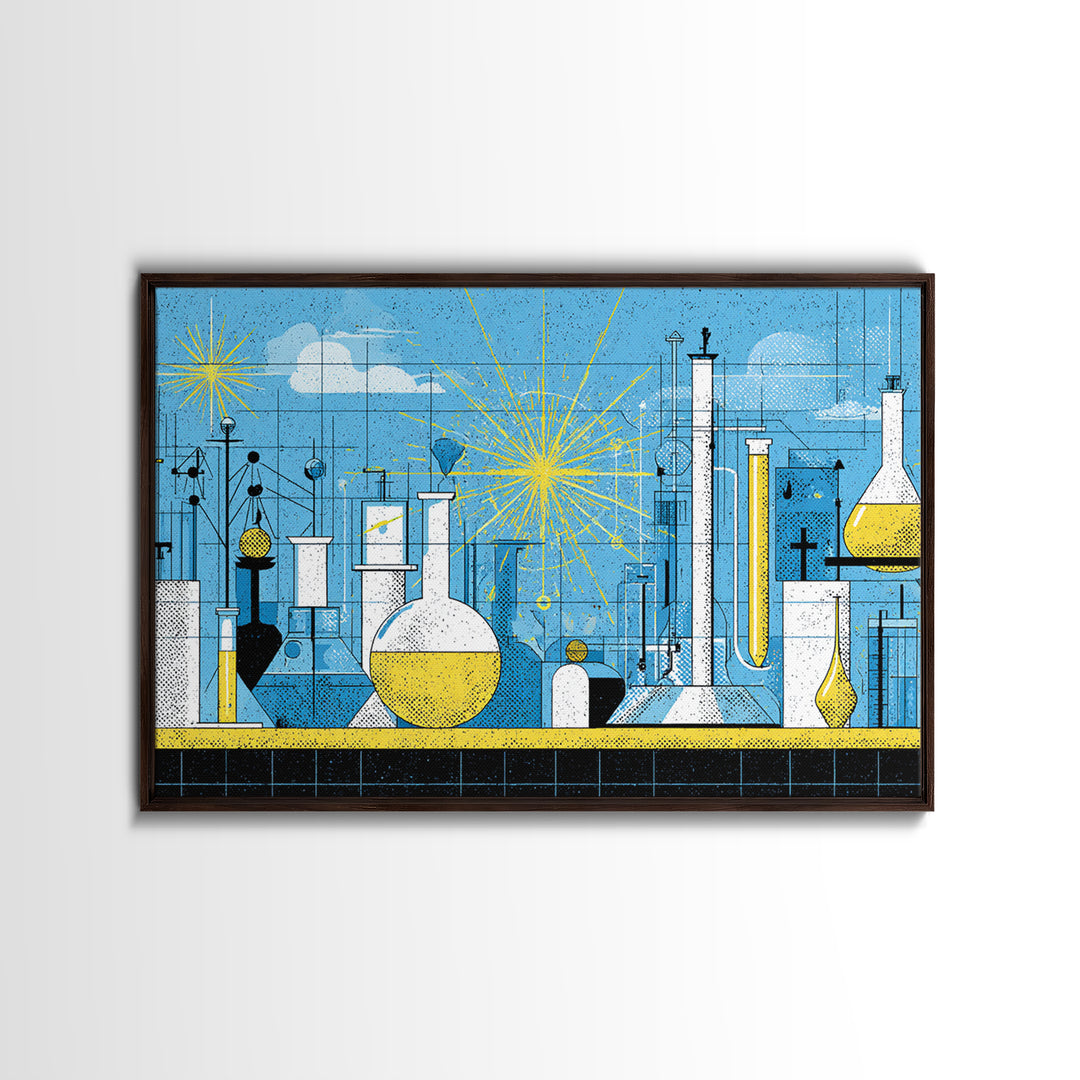 Blue Atomic Science Lab Canvas Print, Midcentury Modern Art, Yellow Sunburst Chemistry Decor, Retro Laboratory Wall Decor