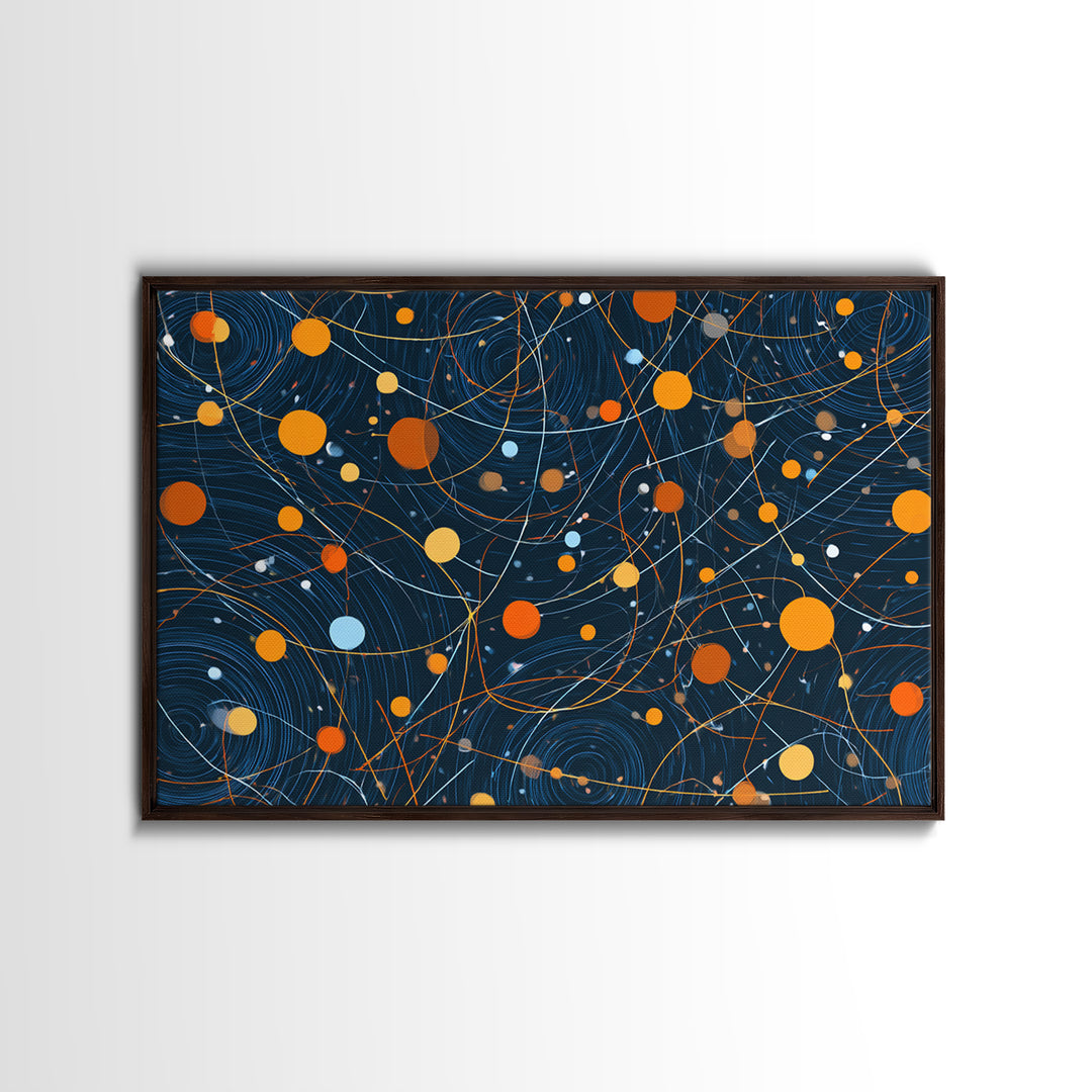 Dark Blue Orange Orbital Wall Art, Midcentury Modern Atomic Abstract Print, Cosmic Geometric Decor, MCM Retro Space Poster