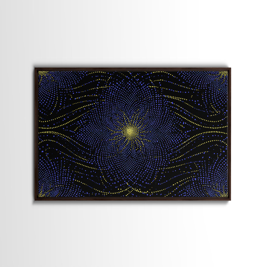 Blue Yellow Dotted Wave Canvas Print, Midcentury Modern Abstract Art, Optical Op Art Starburst, Cosmic Geometric Wall Decor