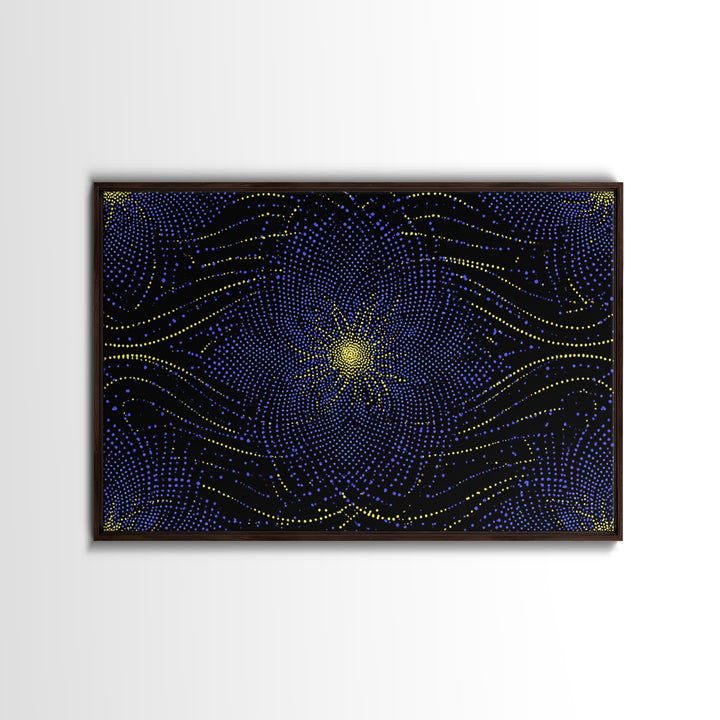 Blue Yellow Dotted Wave Canvas Print, Midcentury Modern Abstract Art, Optical Op Art Starburst, Cosmic Geometric Wall Decor