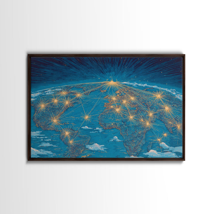 Earth From Space Network Lights Framed Canvas Print, Modern Wall Art, Midcentury Futuristic Travel Poster For Office Decor