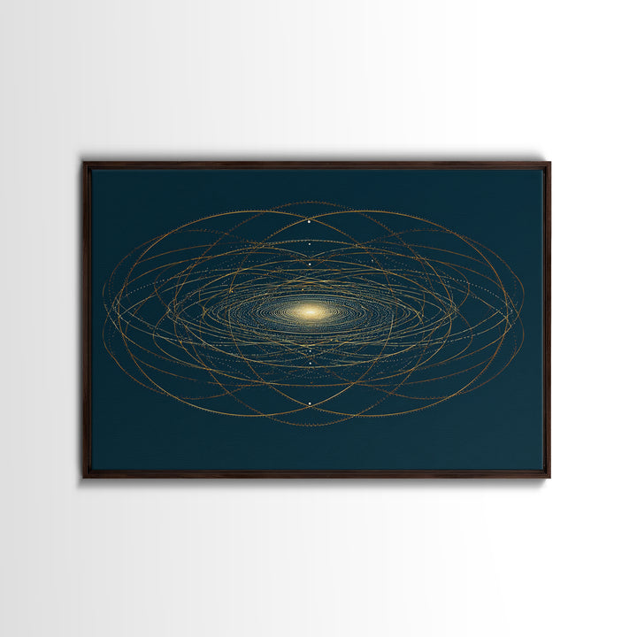 Golden Orbital Galaxy Mandala Framed Canvas Print, Midcentury Modern Abstract Art, Dark Teal Cosmic Geometric Wall Decor