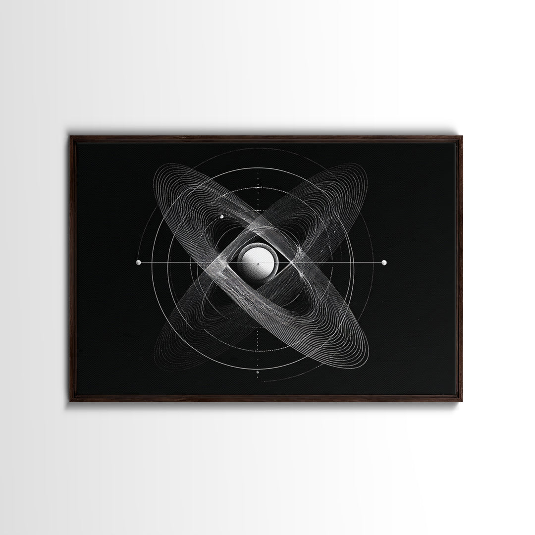 Atomic Sphere Orbit Canvas Print, Black And White Space Art, Geometric Wall Art, Modern Abstract Poster, Science Office Decor