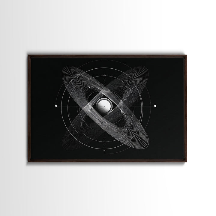 Atomic Sphere Orbit Canvas Print, Black And White Space Art, Geometric Wall Art, Modern Abstract Poster, Science Office Decor