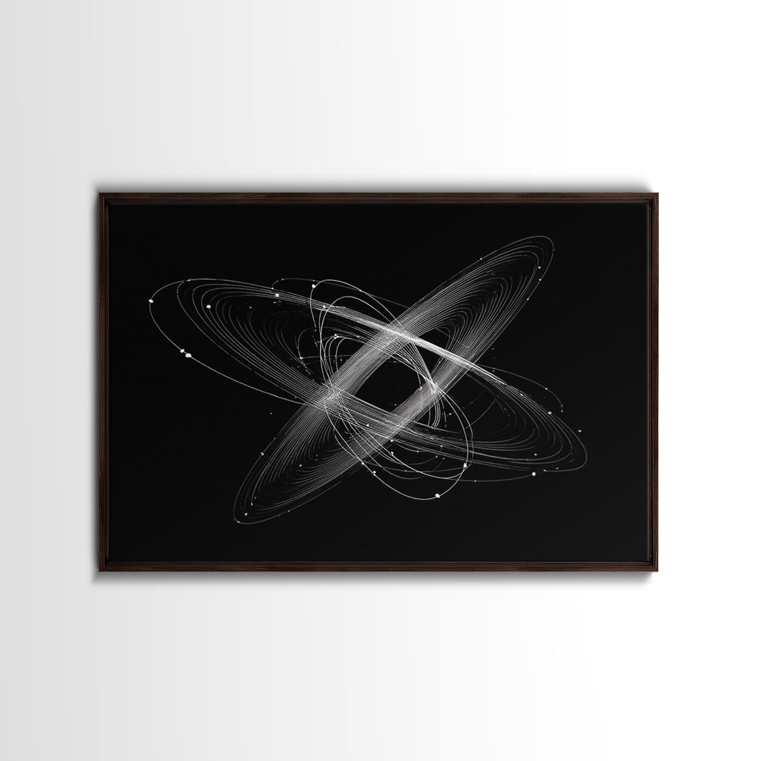 Tilted White Orbital Atom Wall Art, Minimalist Space Abstract Art Print, Modern Geometric Poster, Black Sci Fi Office Decor