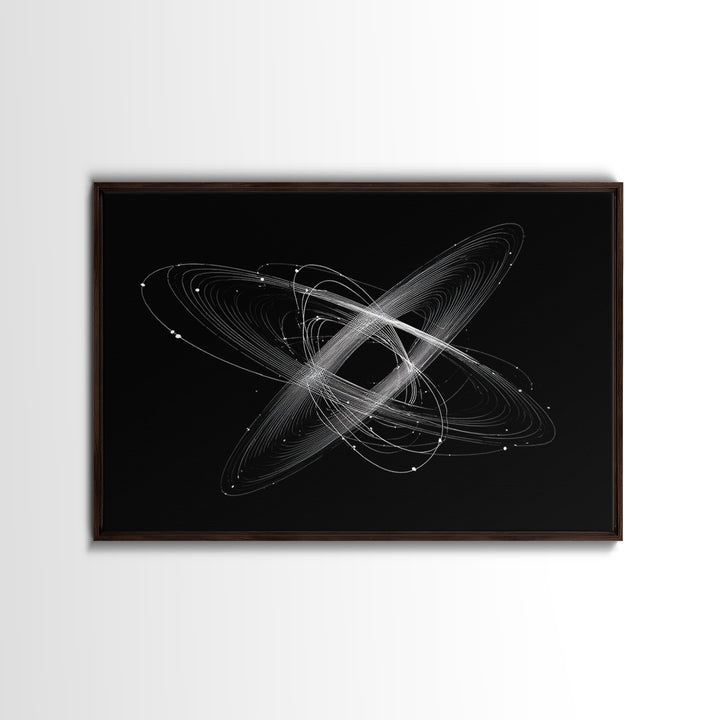 Tilted White Orbital Atom Wall Art, Minimalist Space Abstract Art Print, Modern Geometric Poster, Black Sci Fi Office Decor