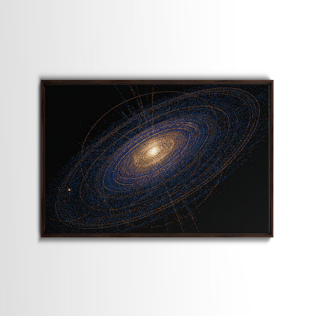 Blue Orange Spiral Galaxy Framed Canvas Print, Cosmic Space Abstract Art, Modern Wall Art, Digital Science Poster, Office Decor