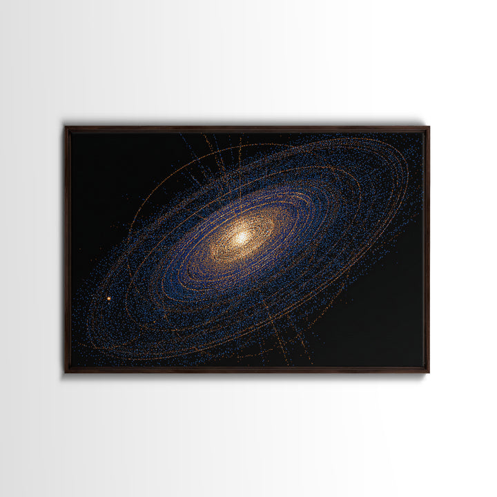 Blue Orange Spiral Galaxy Framed Canvas Print, Cosmic Space Abstract Art, Modern Wall Art, Digital Science Poster, Office Decor