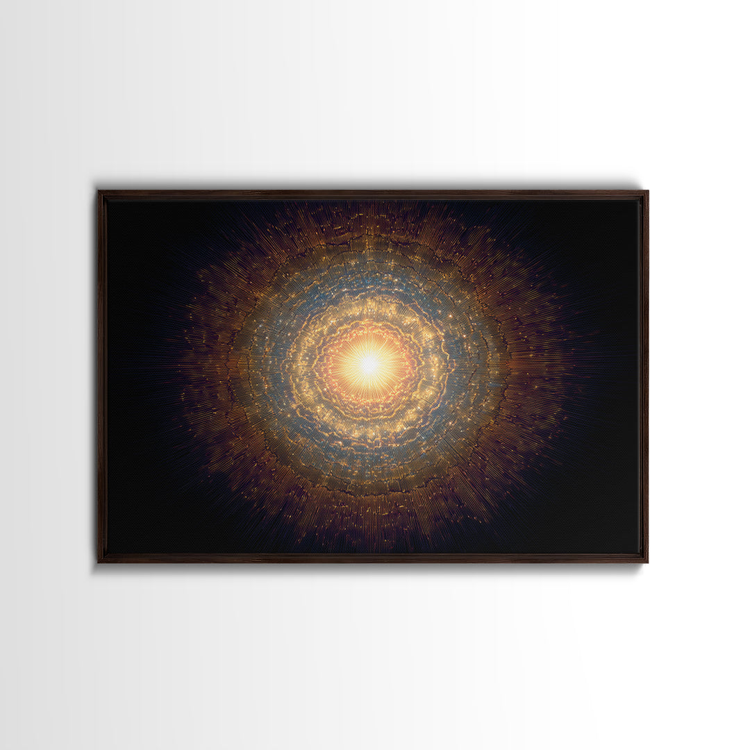 Golden Cosmic Mandala Framed Canvas Print, Abstract Spiritual Art, Modern Wall Art, Radiant Space Poster, Meditation Decor