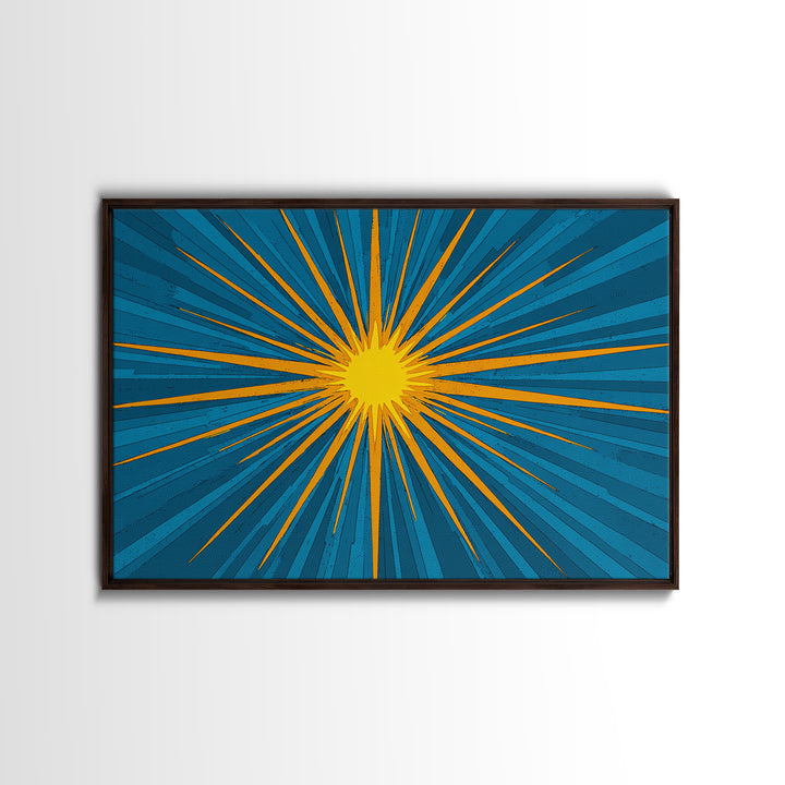 Blue Yellow Pop Art Sunburst Wall Art, Midcentury Modern Decor, Retro Geometric Print, Atomic MCM Living Room Decor Gift