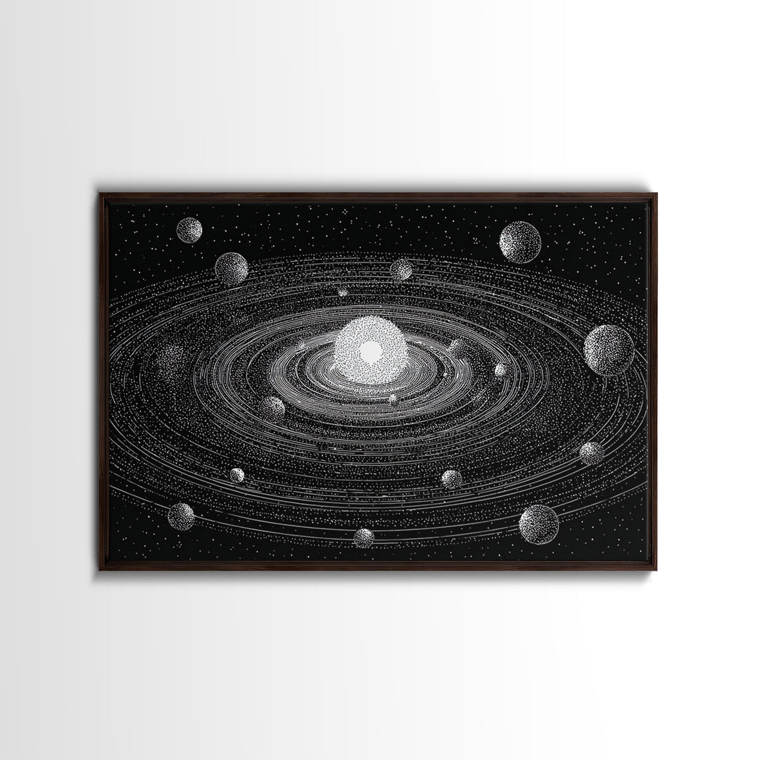 Black White Solar System Framed Canvas Print, Retro Sci Fi Wall Art, Midcentury Space Poster, Astronomy Office Decor Gift