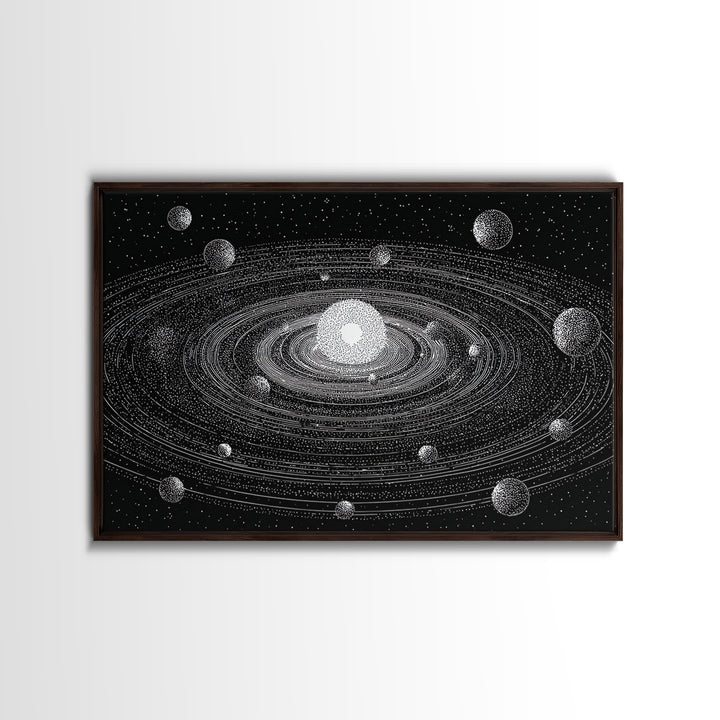 Black White Solar System Framed Canvas Print, Retro Sci Fi Wall Art, Midcentury Space Poster, Astronomy Office Decor Gift
