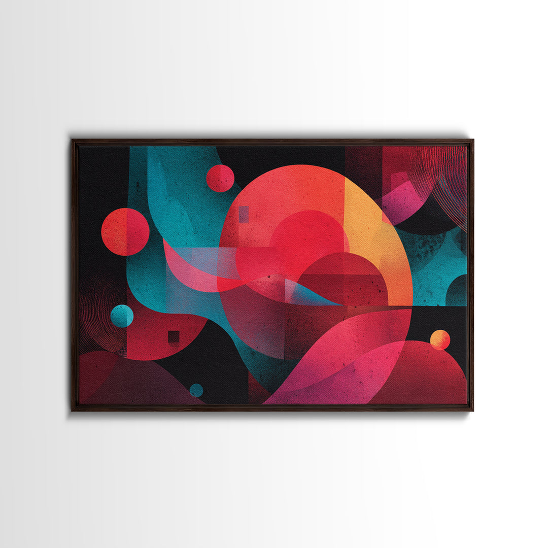 Red Teal Abstract Circles Wall Art, Midcentury Modern Abstract Art, Geometric Canvas Print, Bold MCM Living Room Decor Gift