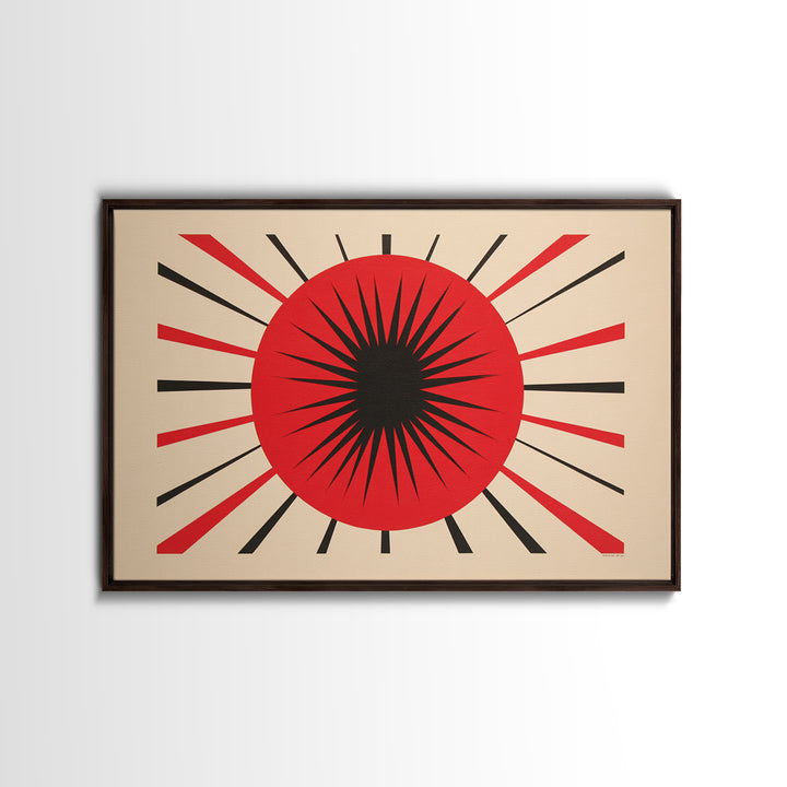 Red Black Atomic Sun Wall Art, Midcentury Modern Decor, Retro Geometric Print, Starburst MCM Office Decor Canvas Print Gift