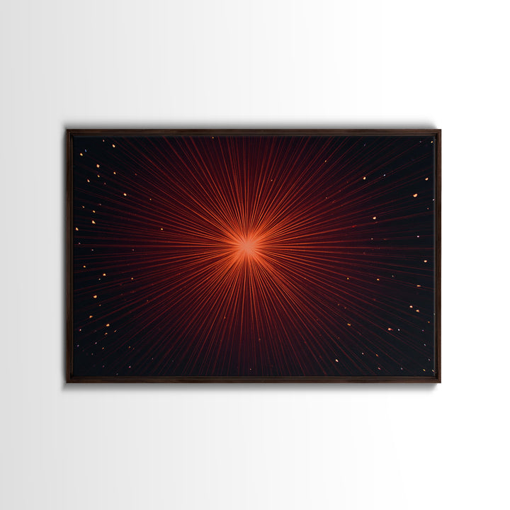 Radiant Red Starburst Light Rays In Black Space Canvas Print, Retro Futuristic Wall Decor, Modern Abstract Art For Living Room