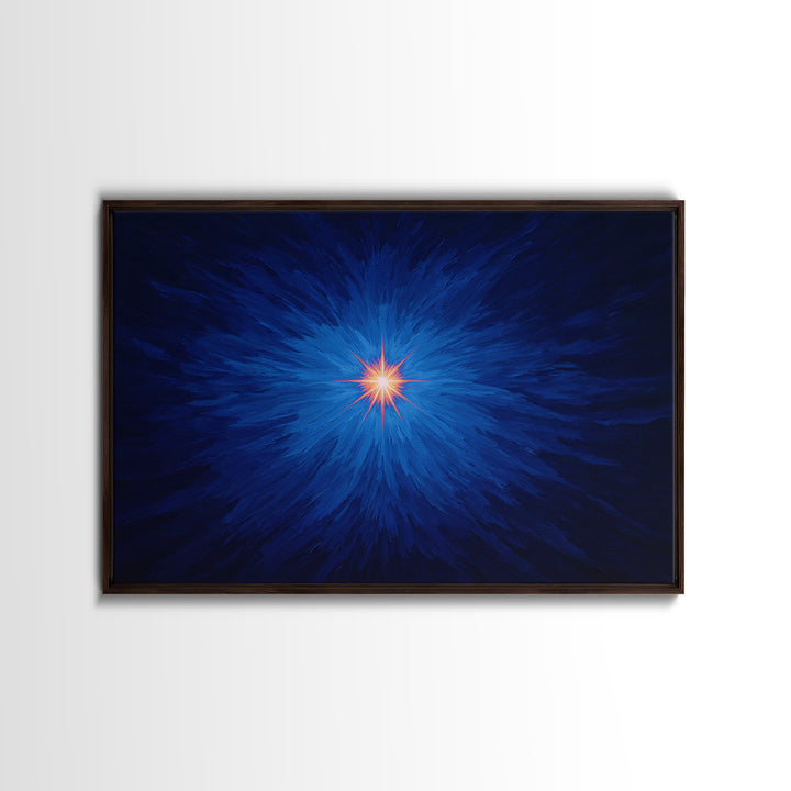 Electric Blue Cosmic Burst With Orange Star Center Canvas Print, Modern Abstract Art, Space Wall Decor For Bedroom And Office