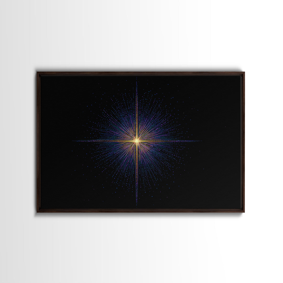 Neon Dotted Starburst On Black Space Wall Art, Retro Futuristic Digital Art Print, Modern Geometric Decor For Office And Studio