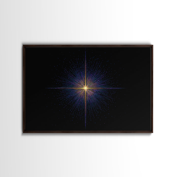 Neon Dotted Starburst On Black Space Wall Art, Retro Futuristic Digital Art Print, Modern Geometric Decor For Office And Studio
