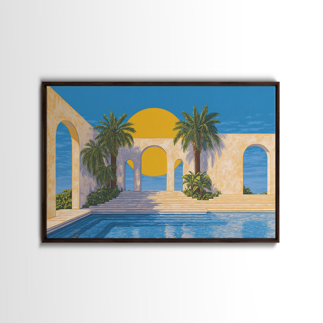 Tropical Palm Pool With Sunlit Arches Canvas Print, Palm Springs Wall Art, Midcentury Modern Decor For Beach House Patio