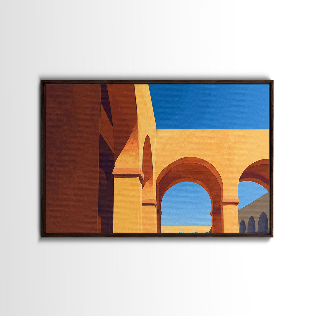 Golden Arches And Blue Sky Shadows Wall Art, Mediterranean Architectural Print, Modern Home Decor For Entryway And Office