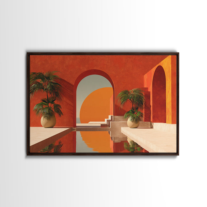 Terracotta Courtyard With Palms And Reflecting Pool Canvas Print, Modern Wall Art, Southwestern Decor For Living Room And Entry