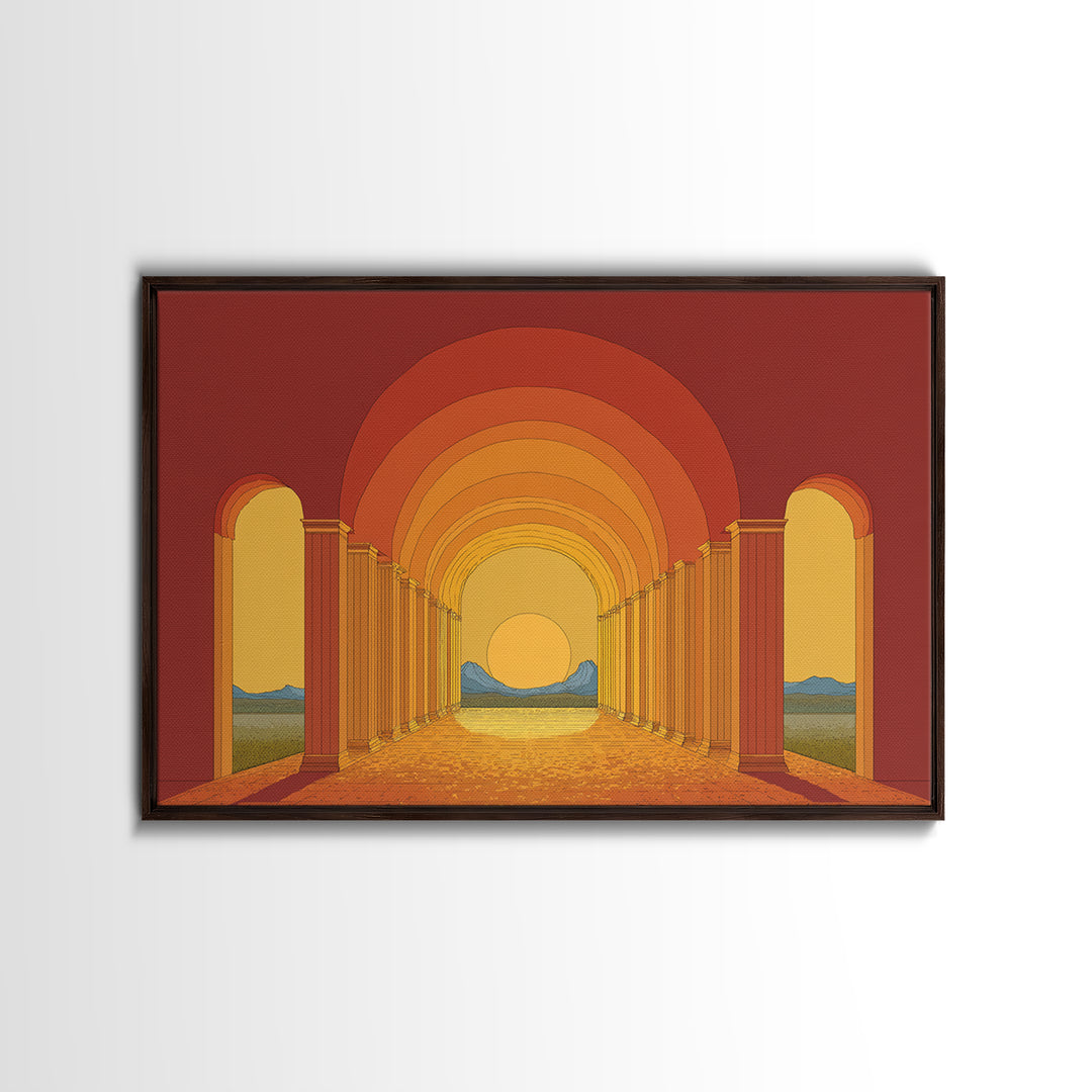 Sunset Arcade Colonnade In Orange Desert Wall Art, Midcentury Modern Architectural Print, Retro Home Decor For Hallway And Entryway
